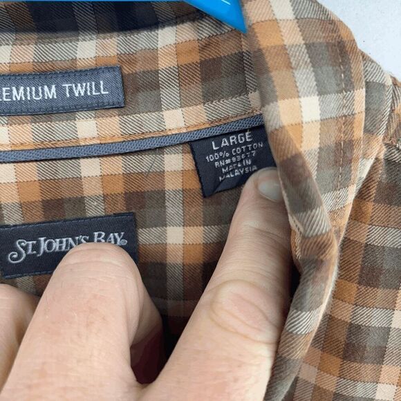 St Johns Bay Premium Twill Shirt Mens Large Brown Small Plaid Button Down - Picture 3 of 5